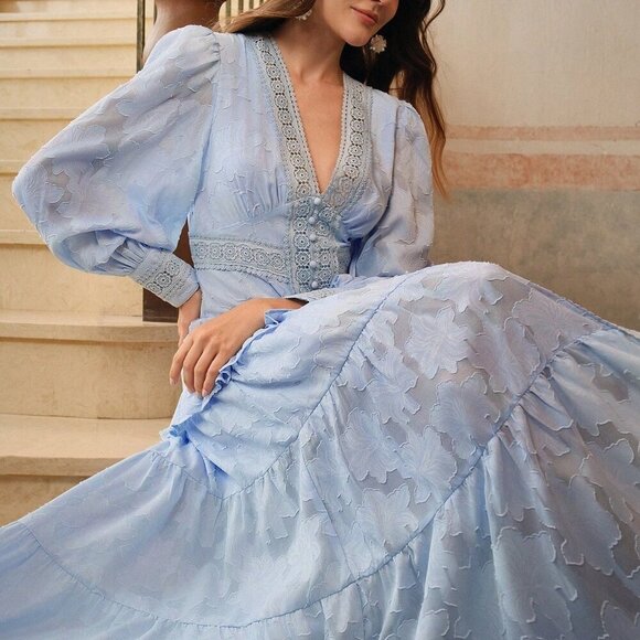 Dresses & Skirts - Baby Blue Elegant Women's French Style Ruched V-Neck Puff Sleeve Maxi Dress
